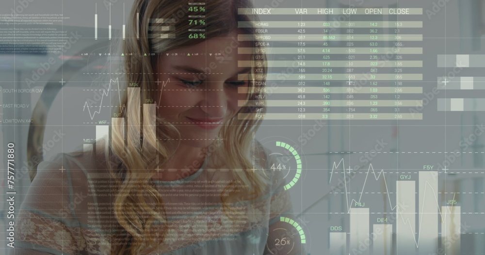 Poster image of statistics and data processing over woman using smartphone