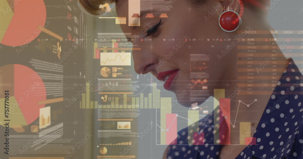 Aufkleber image of statistics and data processing over woman using smartphone