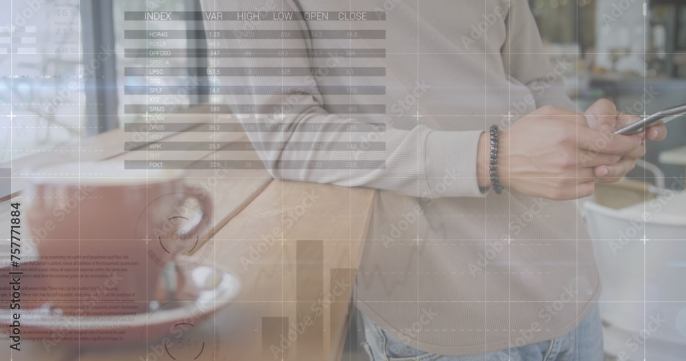 Poster image of statistics and data processing over man using smartphone