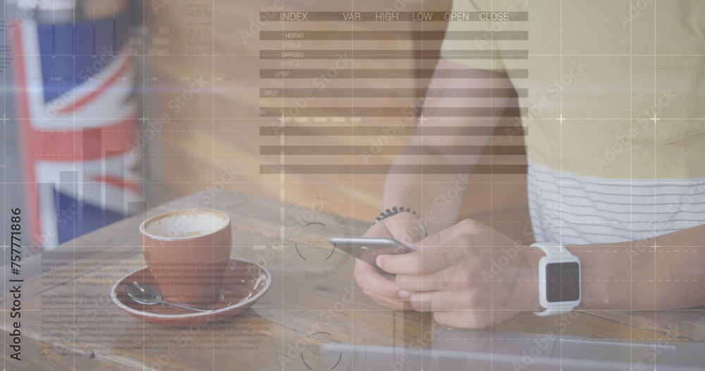 Poster image of statistics and data processing over man using smartphone