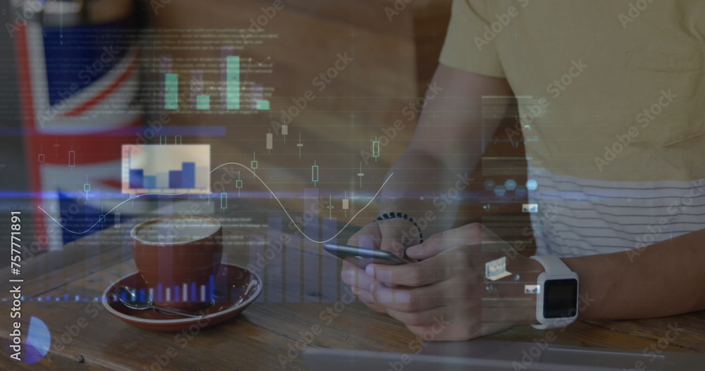 Poster image of statistics and data processing over man using smartphone