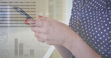 Image of statistics and data processing over woman using smartphone