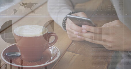 Image of statistics and data processing over man using smartphone