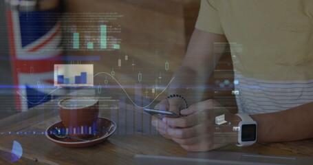 Image of statistics and data processing over man using smartphone