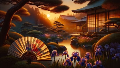 Paper fan with summer design, behind is a calm Japanese garden. Summer paper fan in front, peaceful garden and tea house behind.