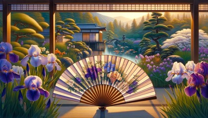 Paper fan with summer design, behind is a calm Japanese garden. Summer paper fan in front, peaceful garden and tea house behind. - obrazy, fototapety, plakaty