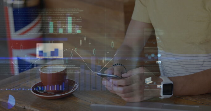 Image of statistics and data processing over man using smartphone - Powered by Adobe