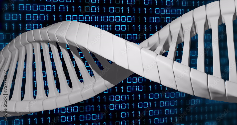 Poster image of dna strand over data processing on black background