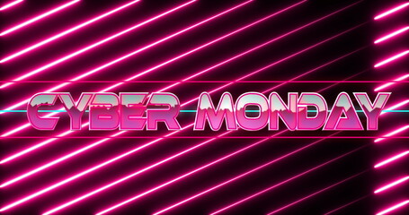 Image of cyber monday text banner over neon pink light trails in seamless pattern