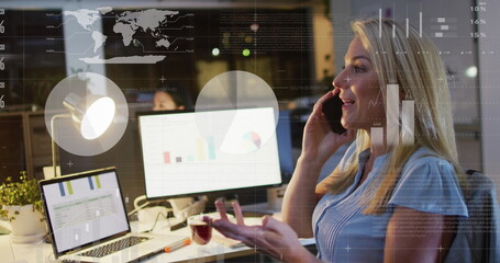 Image of financial data processing over caucasian businesswoman working in office