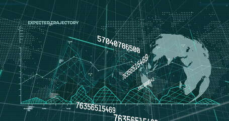 Image of data processing and globe with world map on black background