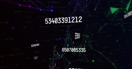 Image of data processing and network of connections on black background