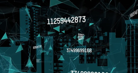 Image of data processing with network of connections and cityscape on black background