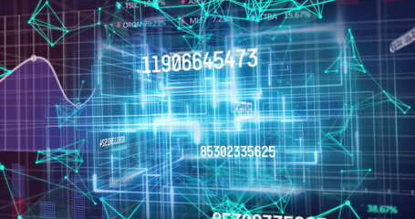Image of data processing and network of connections on black background