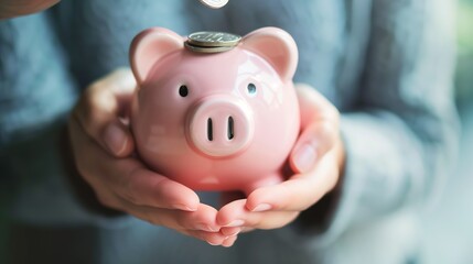A Woman With Both Hands Holding A Piggy Bank: Gentle Savings and Tender Investments, The Intimacy of Personal Finance with a Pink Symbol of Future Security