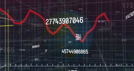 Image of data processing and globe on black background