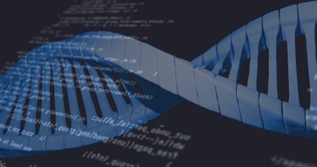 Image of data processing over dna strand on black background