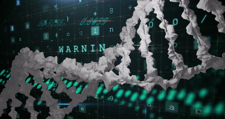 Image of data processing and dna strand on black background