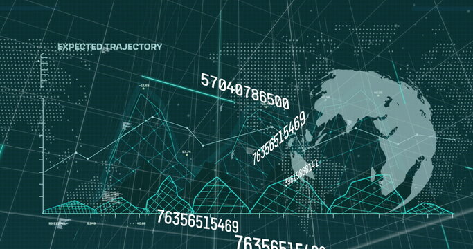 Image of data processing and globe with world map on black background