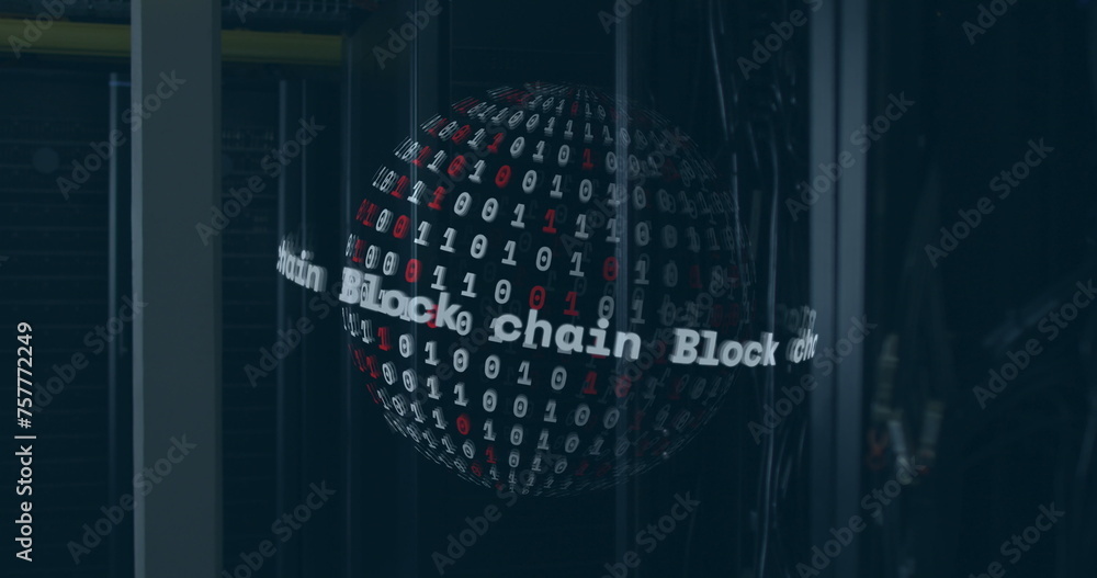 Poster image of data processing and globe over server room