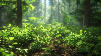 Young saplings in sunbeam-filled forest, concept of new beginnings and ecosystem restoration