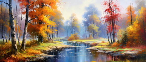 Oil painting landscape  colorful autumn forest ..