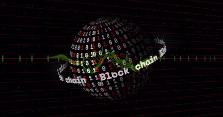 Image of data processing over globe with binary coding on black background