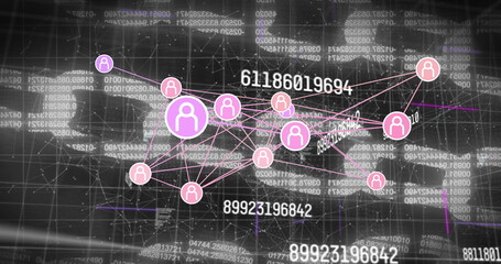 Image of network of connections over data processing on black background