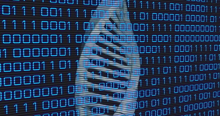 Image of data processing over dna strand on black background
