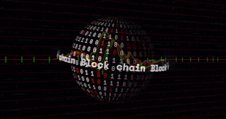 Image of data processing over globe with binary coding on black background