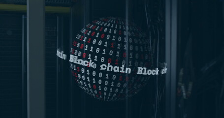 Image of data processing and globe over server room