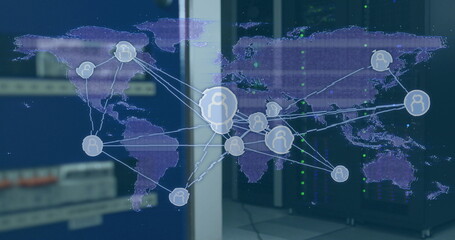 Image of data processing and media icons over server room