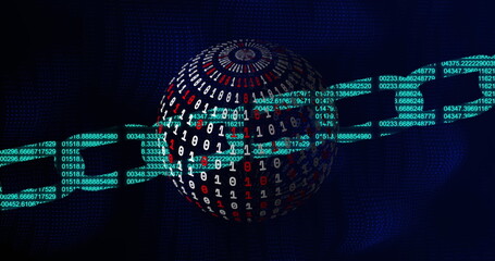 Image of data processing over globe with binary coding on black background