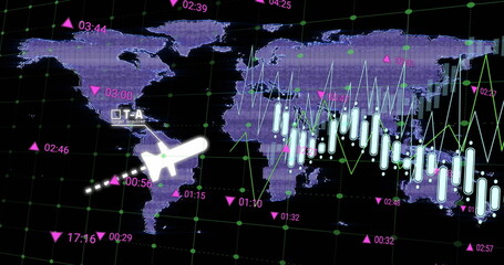 Image of data processing and world map on black background