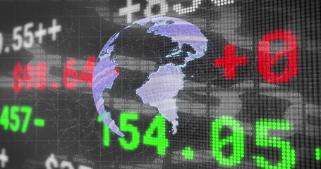 Image of stock market over globe and data processing on black background