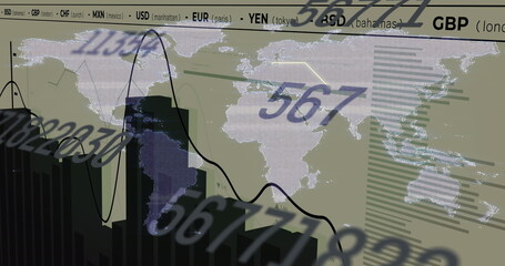 Image of world map over data processing