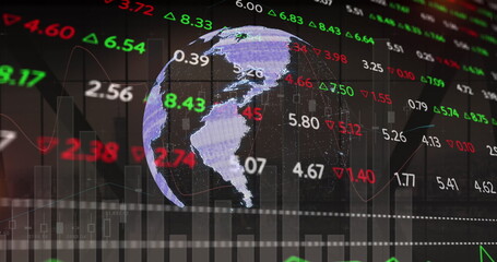 Image of data processing and globe over cityscape