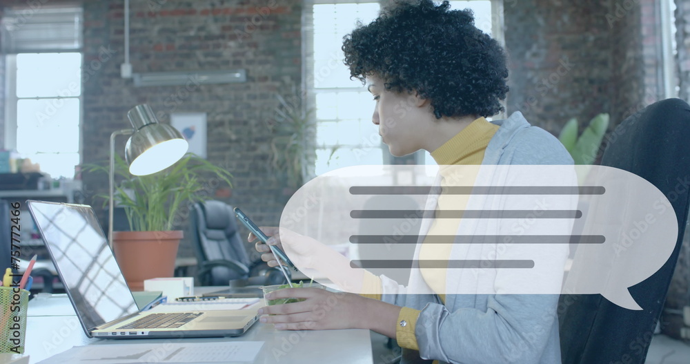 Poster image of binary coding over biracial businesswoman having lunch in office