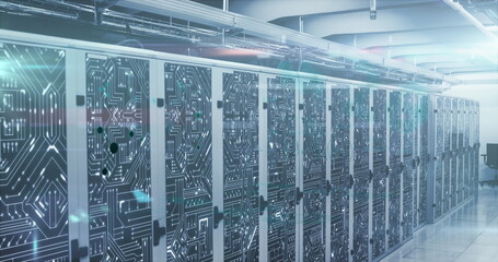 Image of mathematical equations and digital interface over network of computer servers in tech room