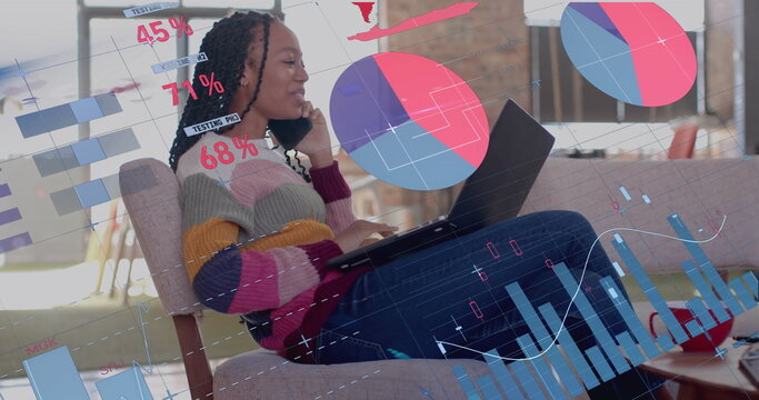 Image of data processing and world map over biracial businesswoman talking on smartphone - Powered by Adobe