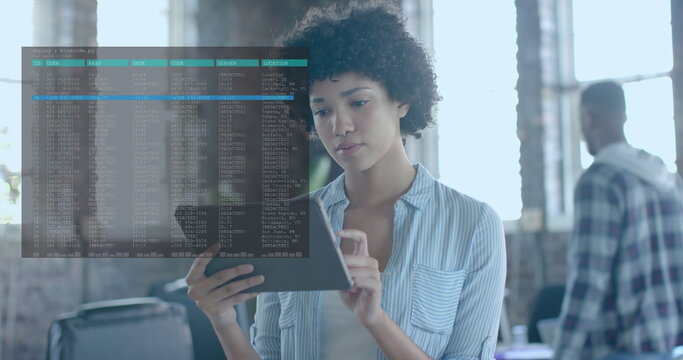Image of data processing over biracial businesswoman using tablet in office