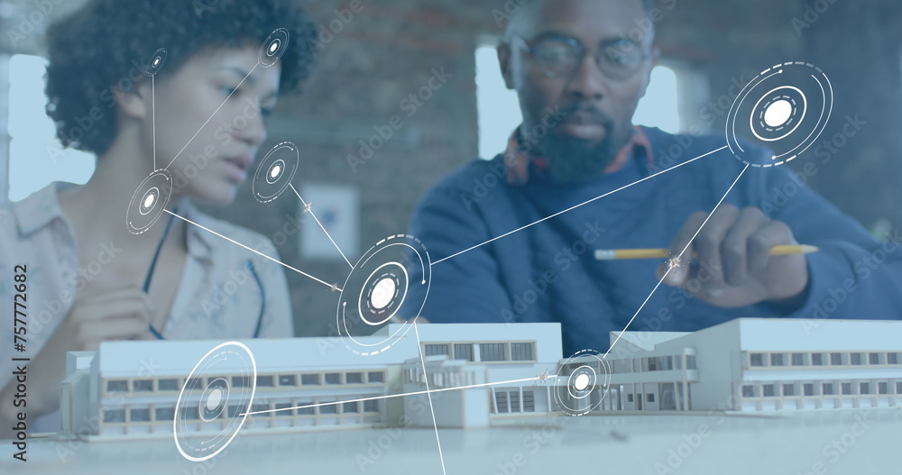 Poster image of network of connections over diverse colleagues discussing with model in office