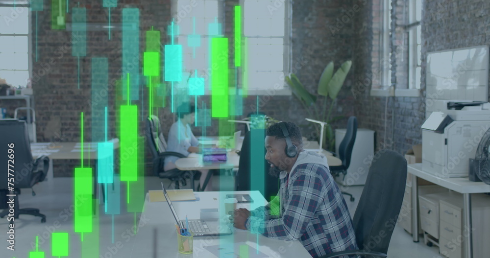 Poster image of data processing and diagrams over diverse colleagues working in office