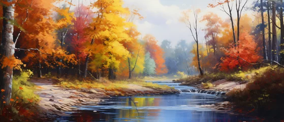 Fotobehang Oil painting landscape autumn forest near the river co © levit
