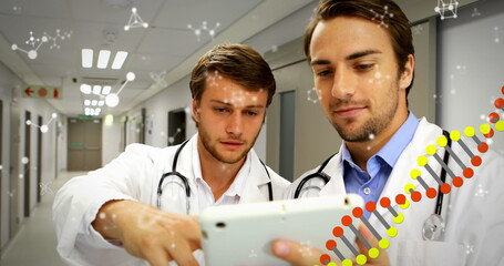 Digital medical interface with DNA data shown to doctors on a tablet.