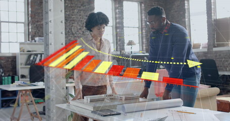 Image of financial data processing over diverse business people in office