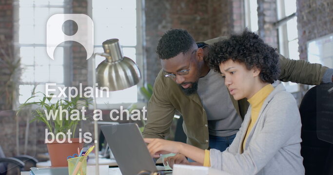 Image of ai chat over diverse colleagues working in office