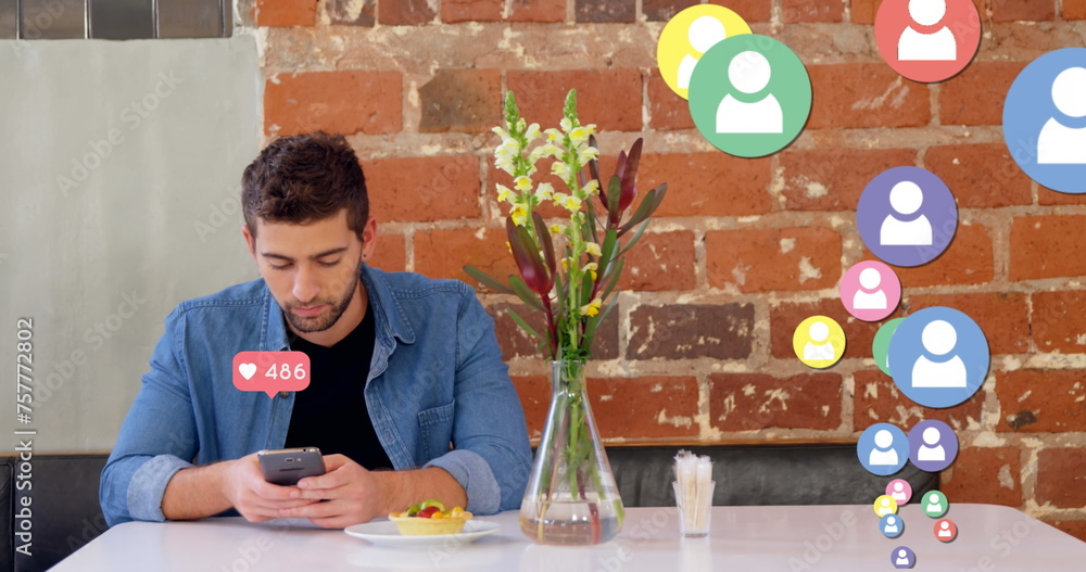 Poster image of social networking icons and rising count of numbers over sitting at a table in a restaurant