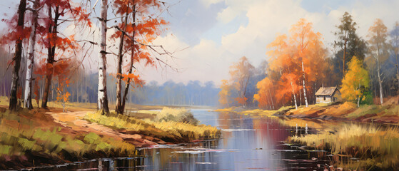 Oil painting landscape autumn forest near the river co - obrazy, fototapety, plakaty