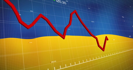Image of financial data and graph over flag of ukraine